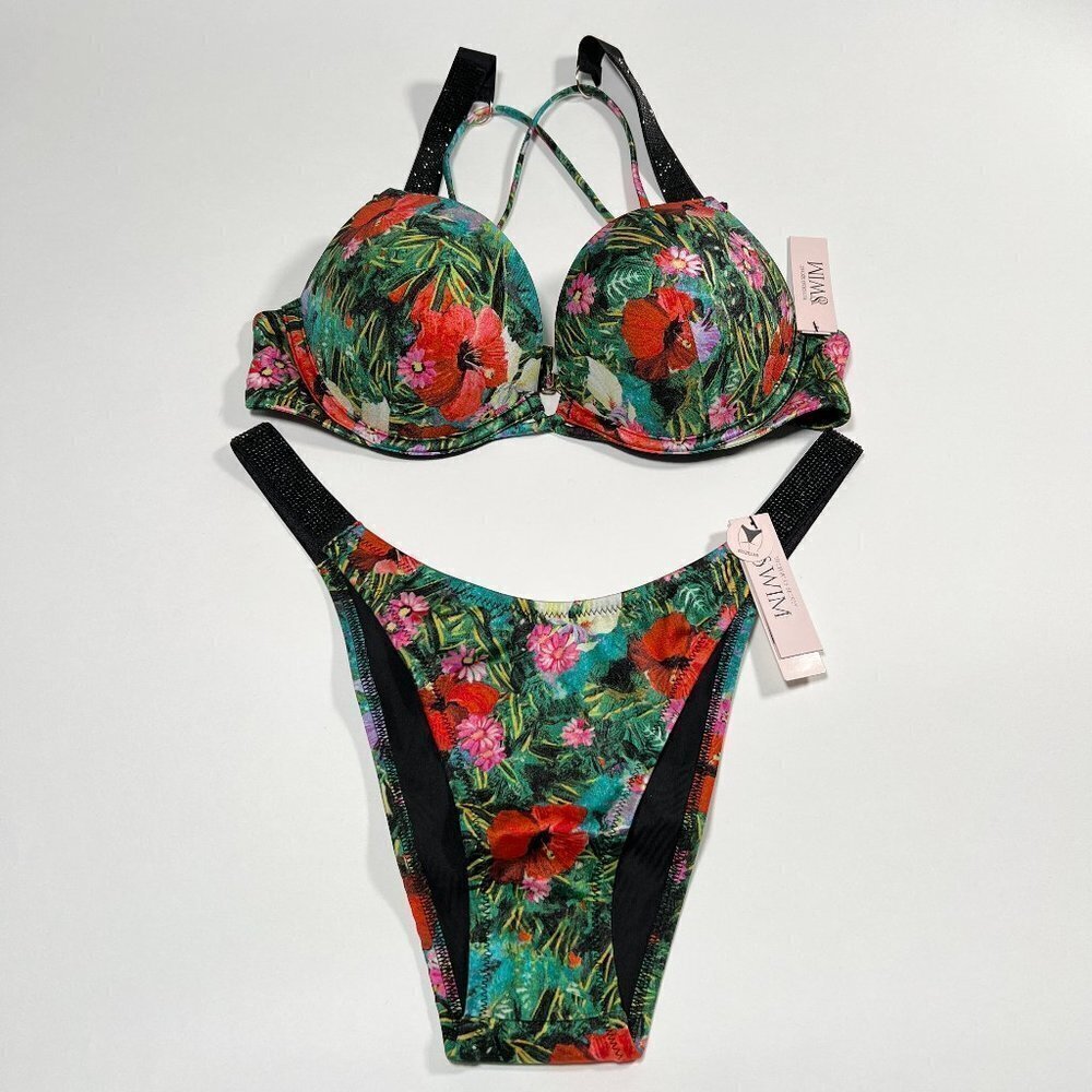 Victoria Secret 38dd Xl Bombshell Push Up Bikini Set Shine Strap Palm Tropical